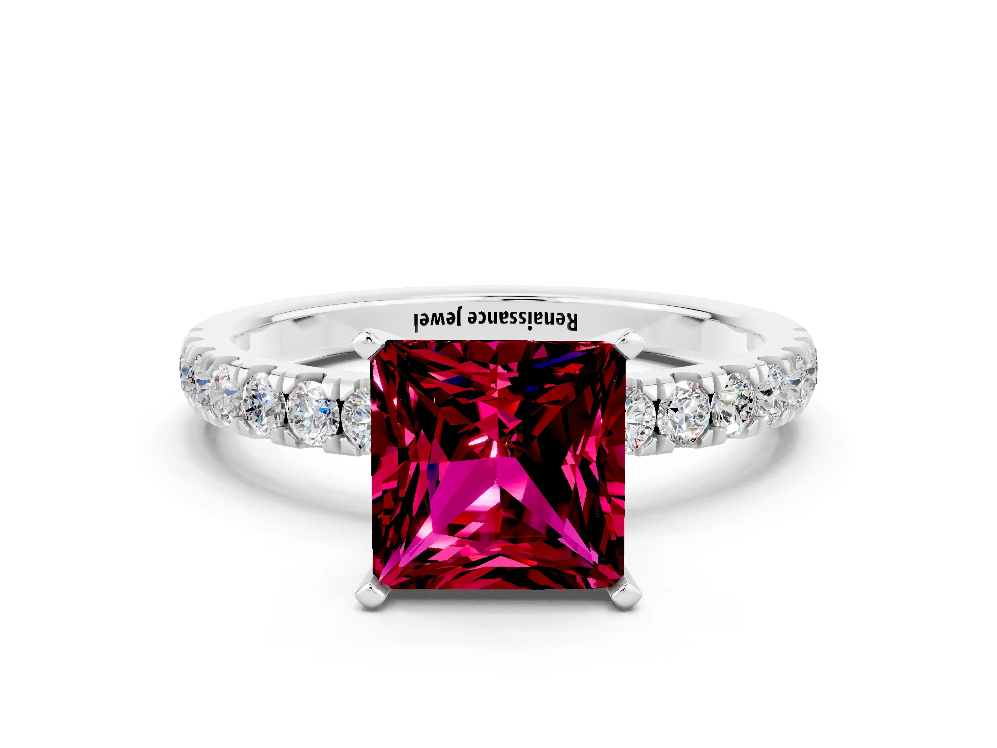 White gold Princess Cut Garnet Solitaire Ring with Pavé Accents and Four-Prong Setting