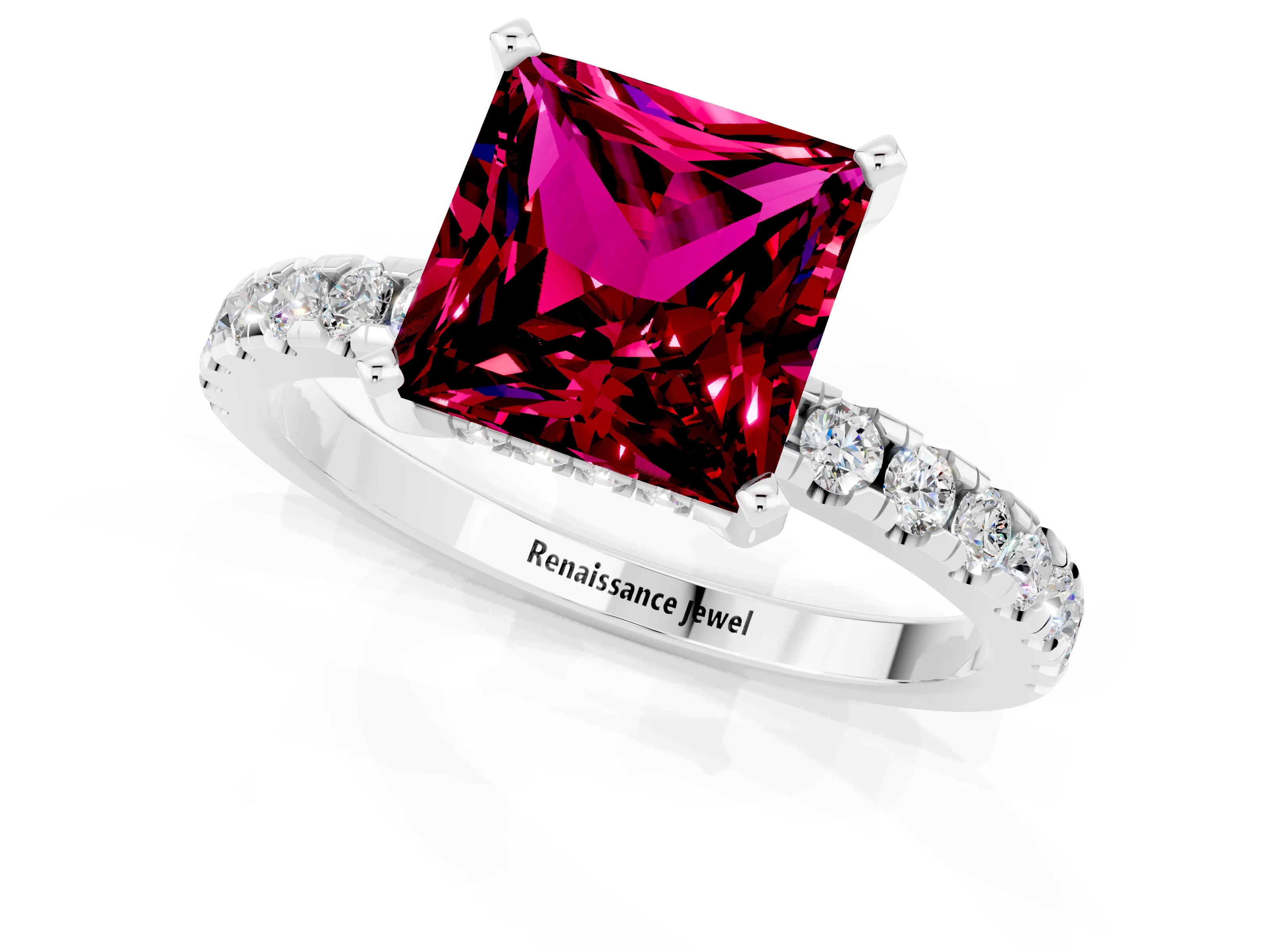 White gold Princess Cut Garnet Solitaire Ring with Pavé Band and Four-Prong Setting_13