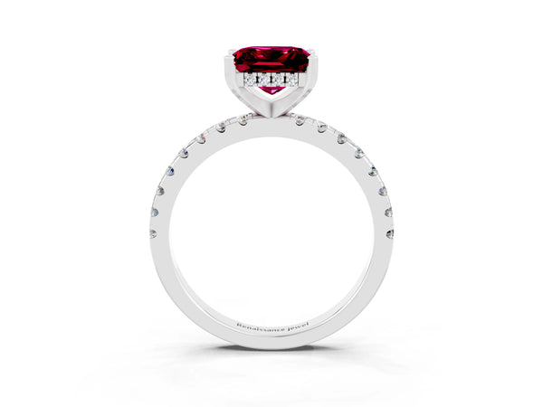 Platinum Princess Cut Garnet Solitaire Ring with Round  Pavé Band and Four-Prong Setting