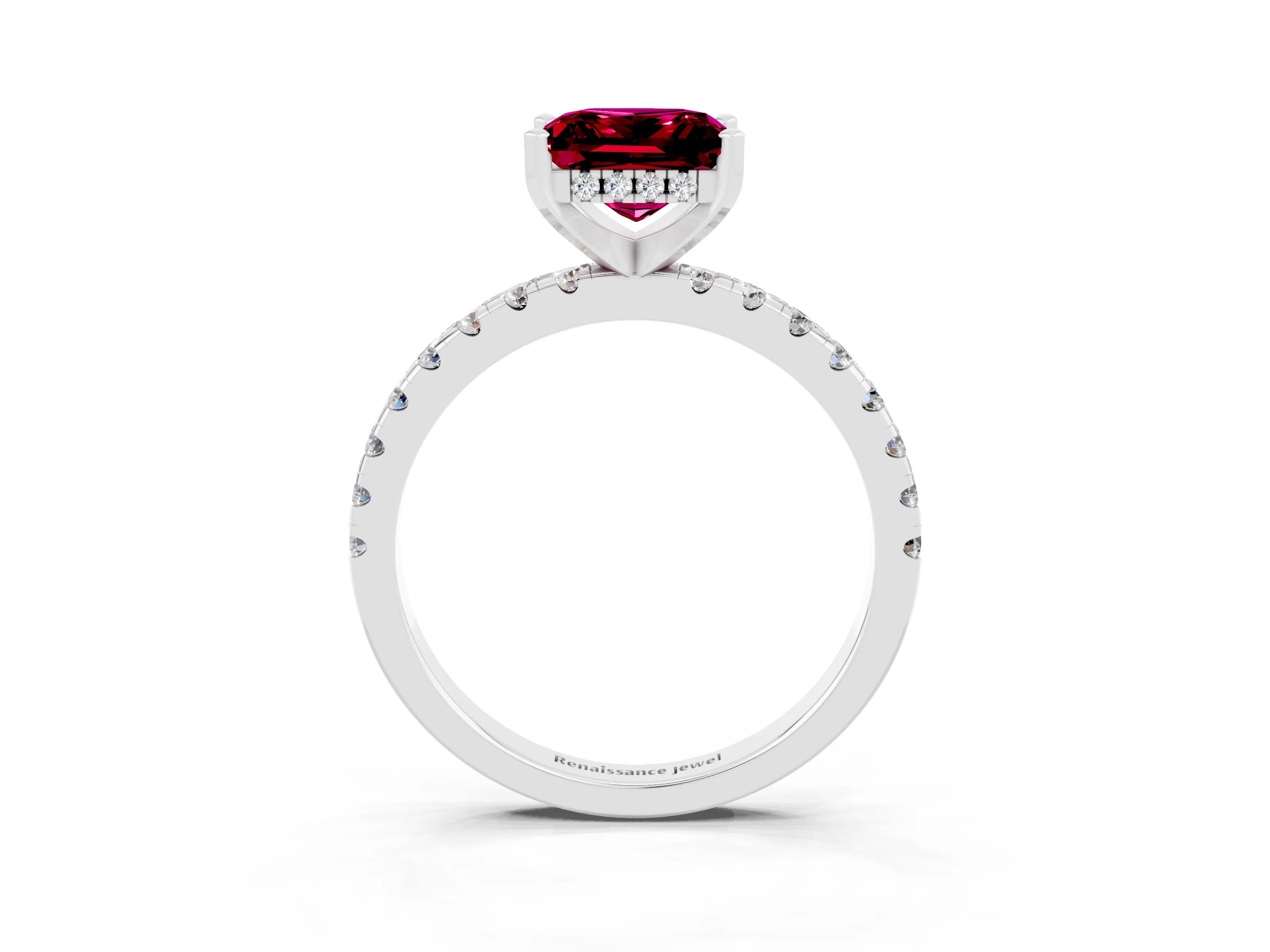 White gold Princess Cut Garnet Solitaire Ring with Pavé Band and Four-Prong Setting_15