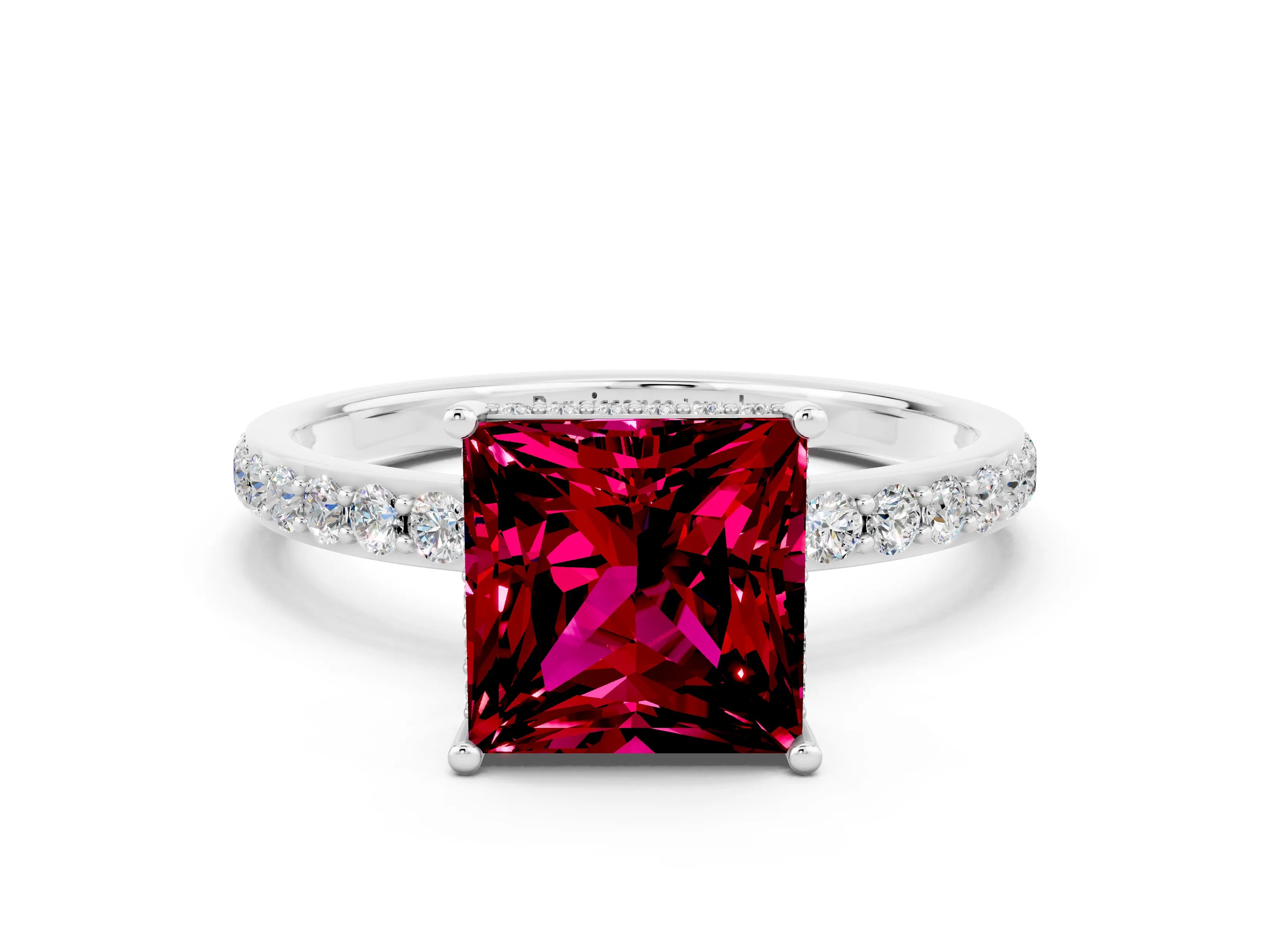 White gold Princess Cut Garnet Solitaire Ring with Pavé Band and Hidden Halo