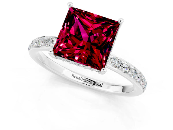 Silver Princess Cut Garnet Solitaire Ring with Pavé Band and Hidden Halo