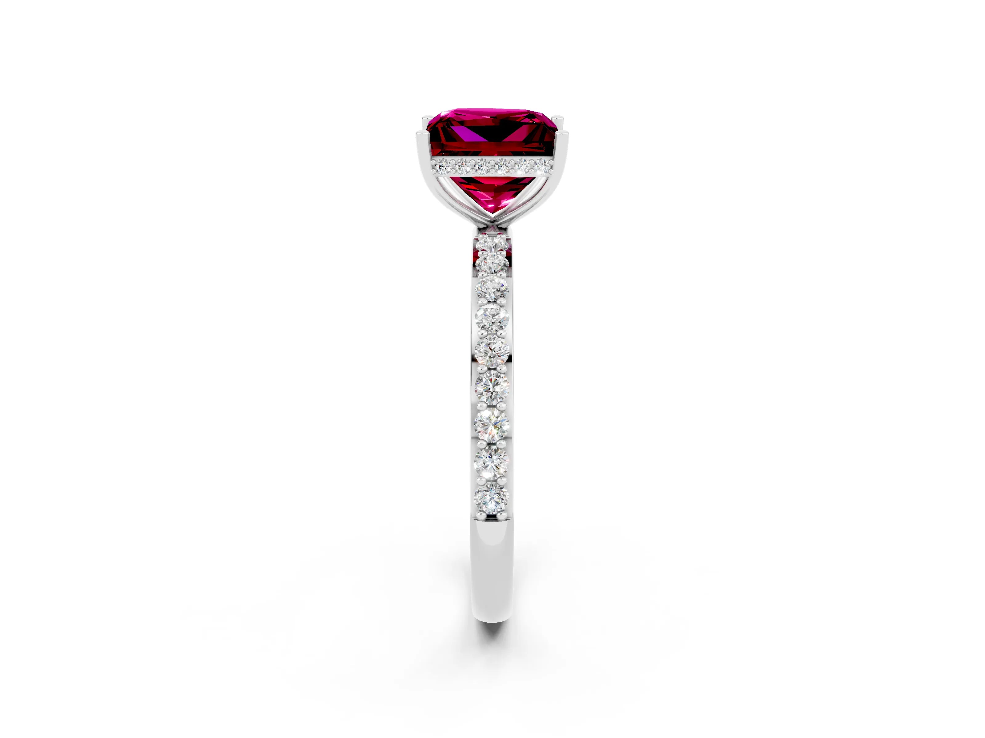 White gold Princess Cut Garnet Solitaire Ring with Pavé Band and Hidden Halo_2