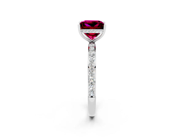 Platinum Princess Cut Garnet Solitaire Ring with Pavé Band and Hidden Halo