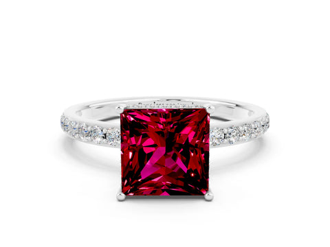 White gold Princess Cut Garnet Solitaire Ring with Pavé Band and Hidden Halo_24