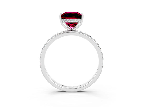 White gold Princess Cut Garnet Solitaire Ring with Pavé Band and Hidden Halo