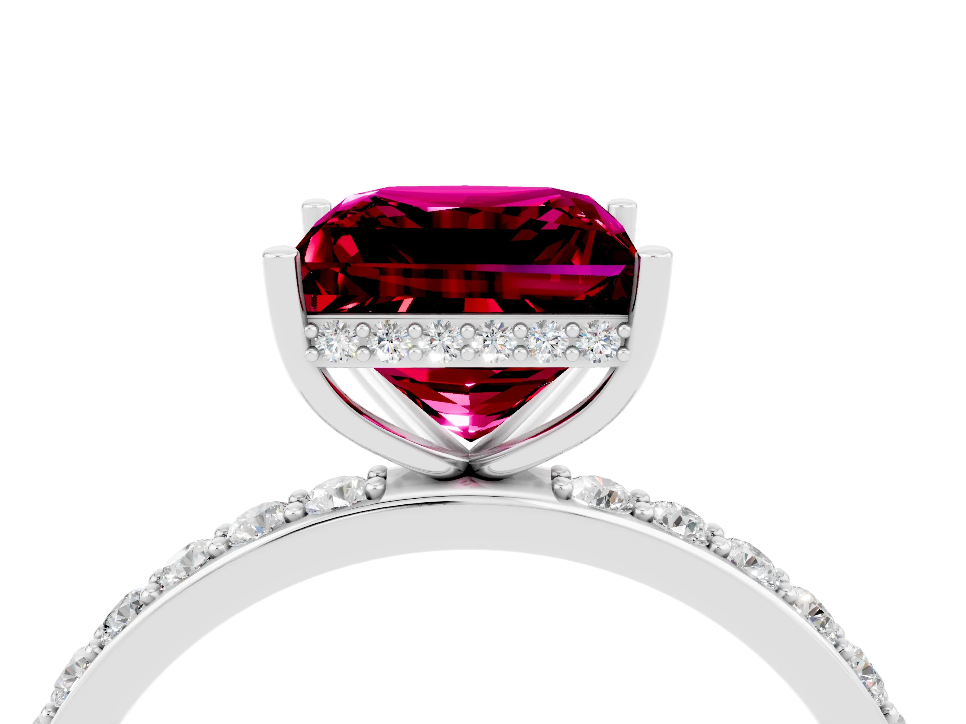 White gold Princess Cut Garnet Solitaire Ring with Pavé Band and Hidden Halo_28