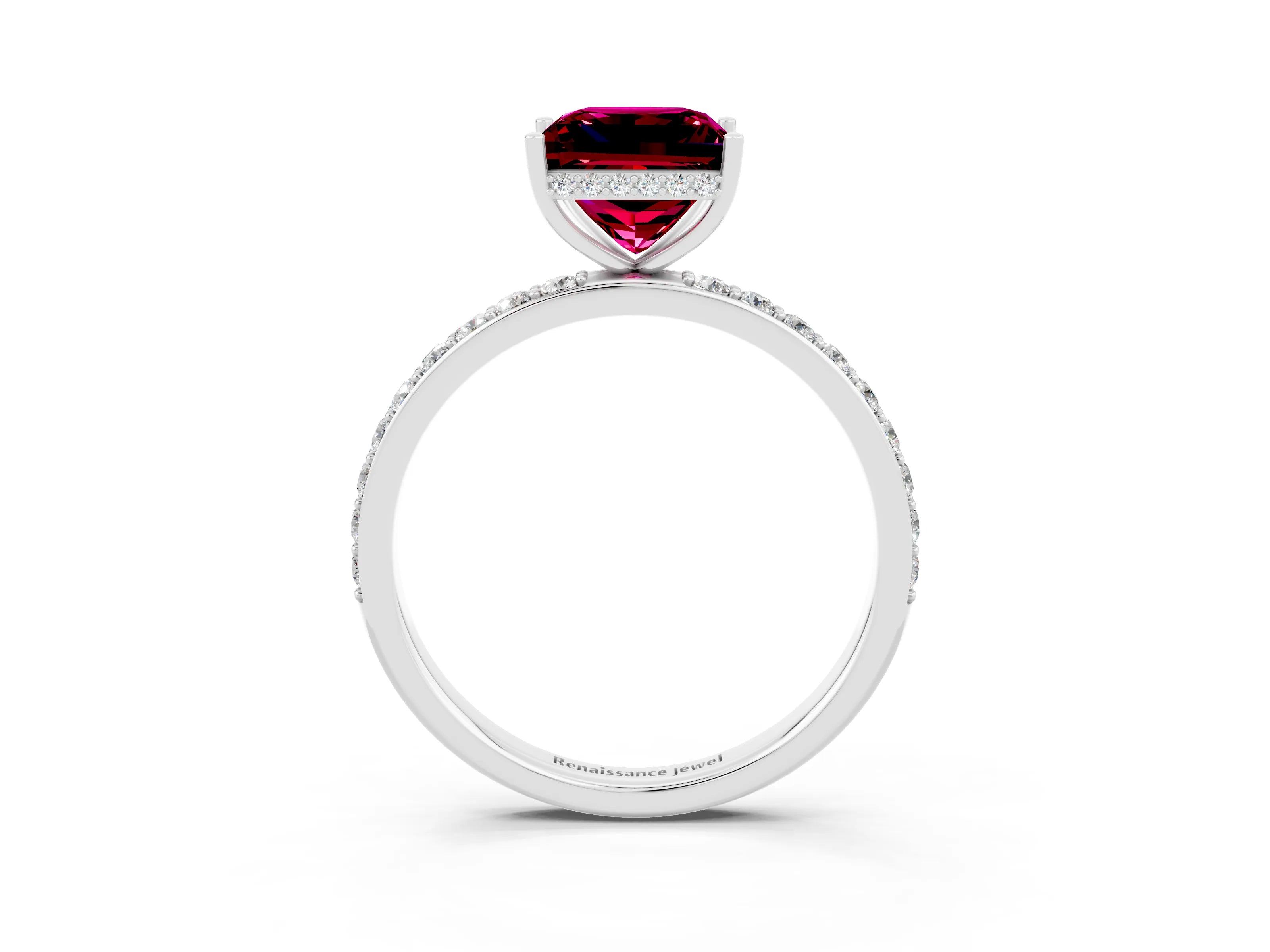 White gold Princess Cut Garnet Solitaire Ring with Pavé Band and Hidden Halo_3