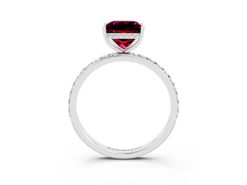 White gold Princess Cut Garnet Solitaire Ring with Pavé Band and Hidden Halo_3