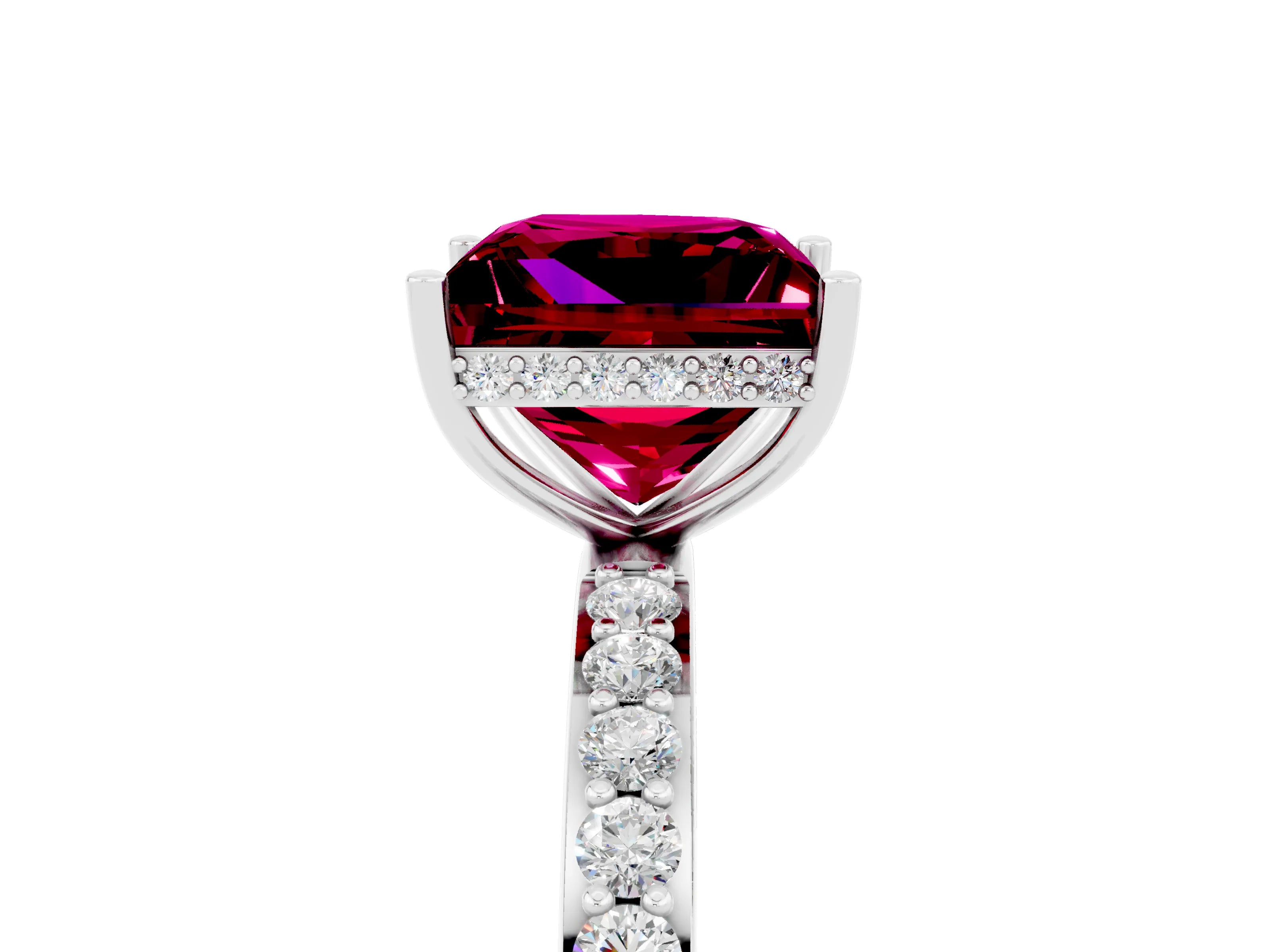 White gold Princess Cut Garnet Solitaire Ring with Pavé Band and Hidden Halo_5