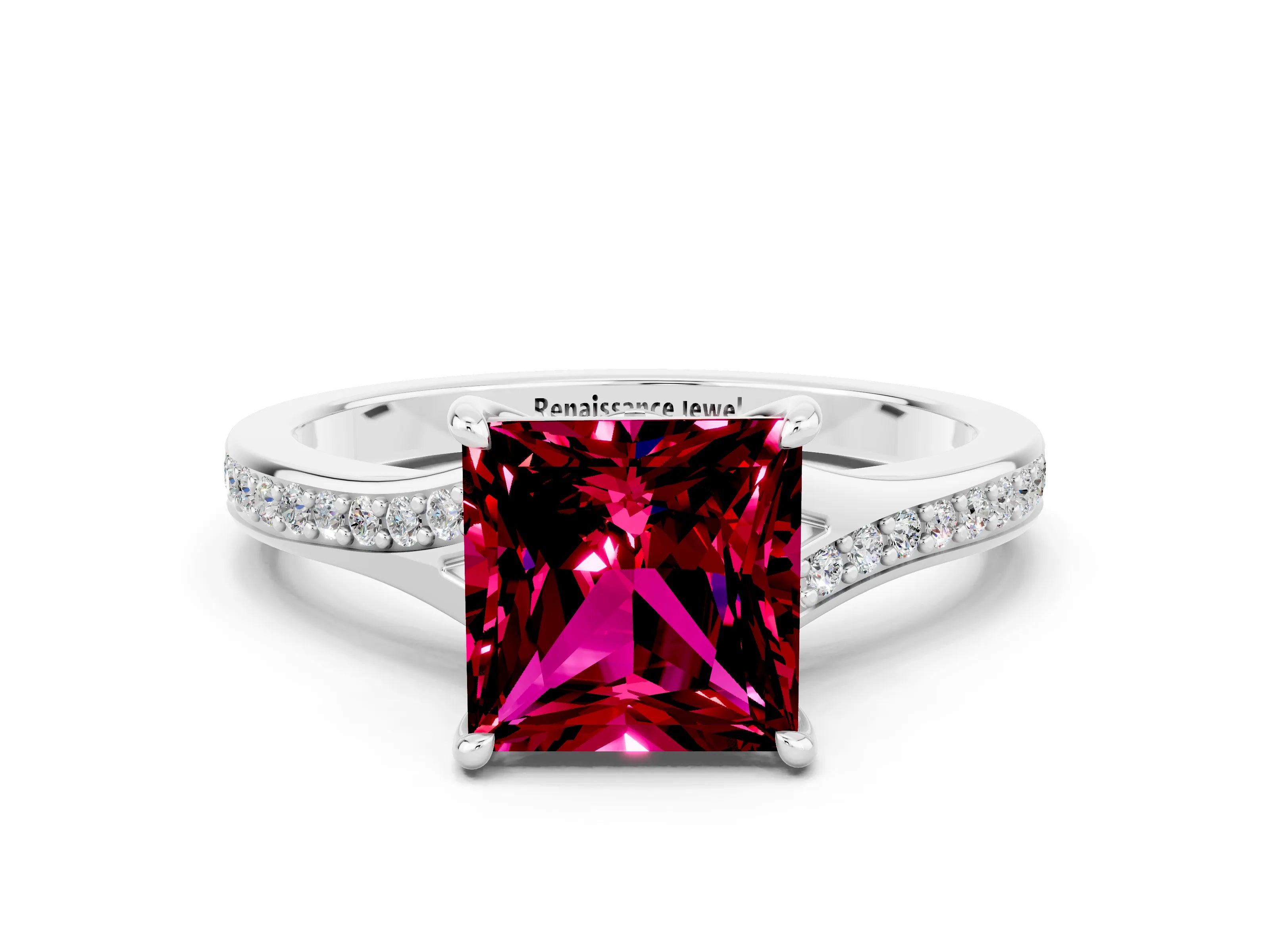White gold Princess Cut Garnet Solitaire Ring with Pavé Band and Prong Setting