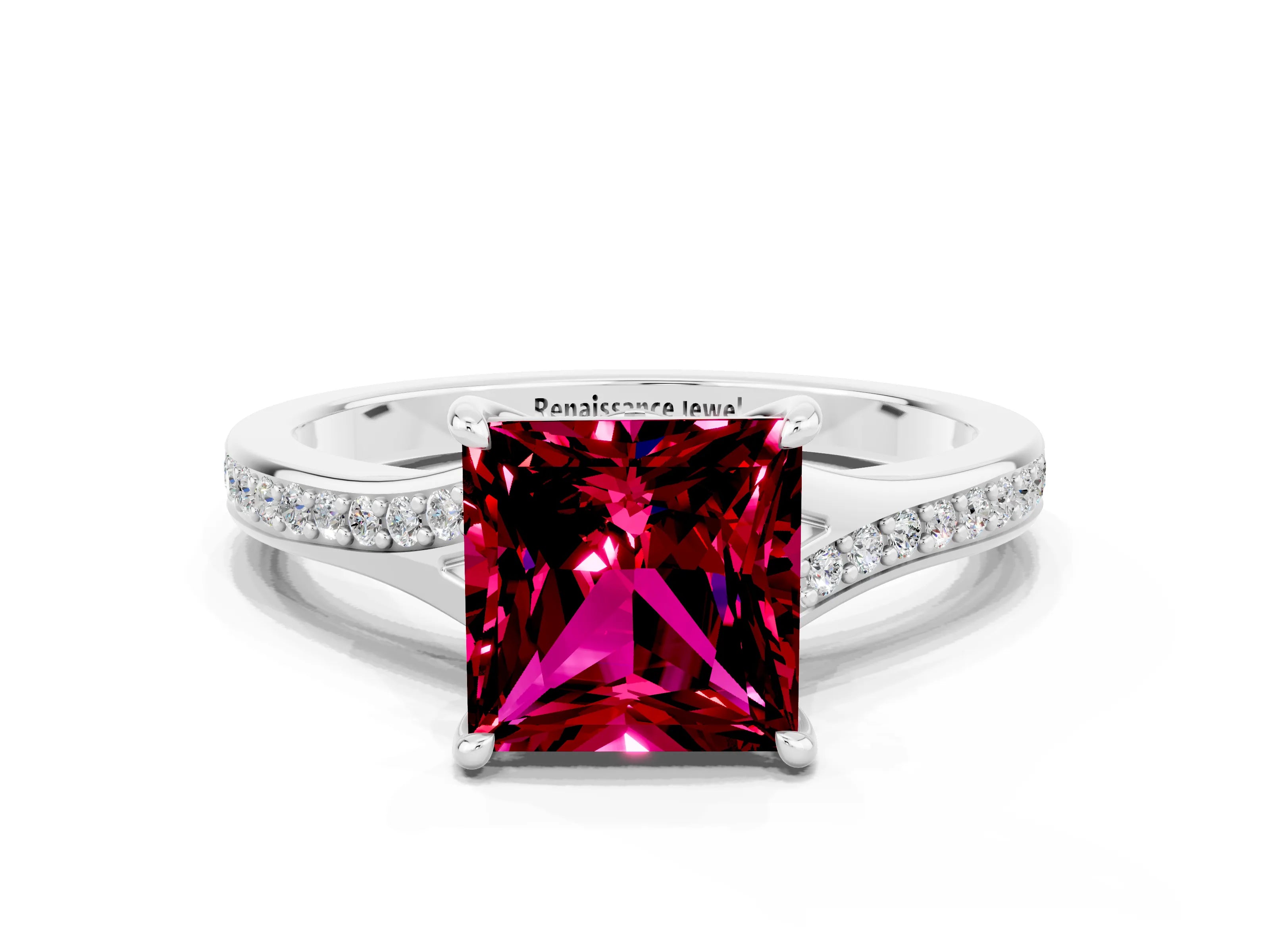 White gold Princess Cut Garnet Solitaire Ring with Pavé Band and Prong Setting_12