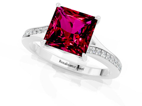White gold Princess Cut Garnet Solitaire Ring with Pavé Band and Prong Setting_13