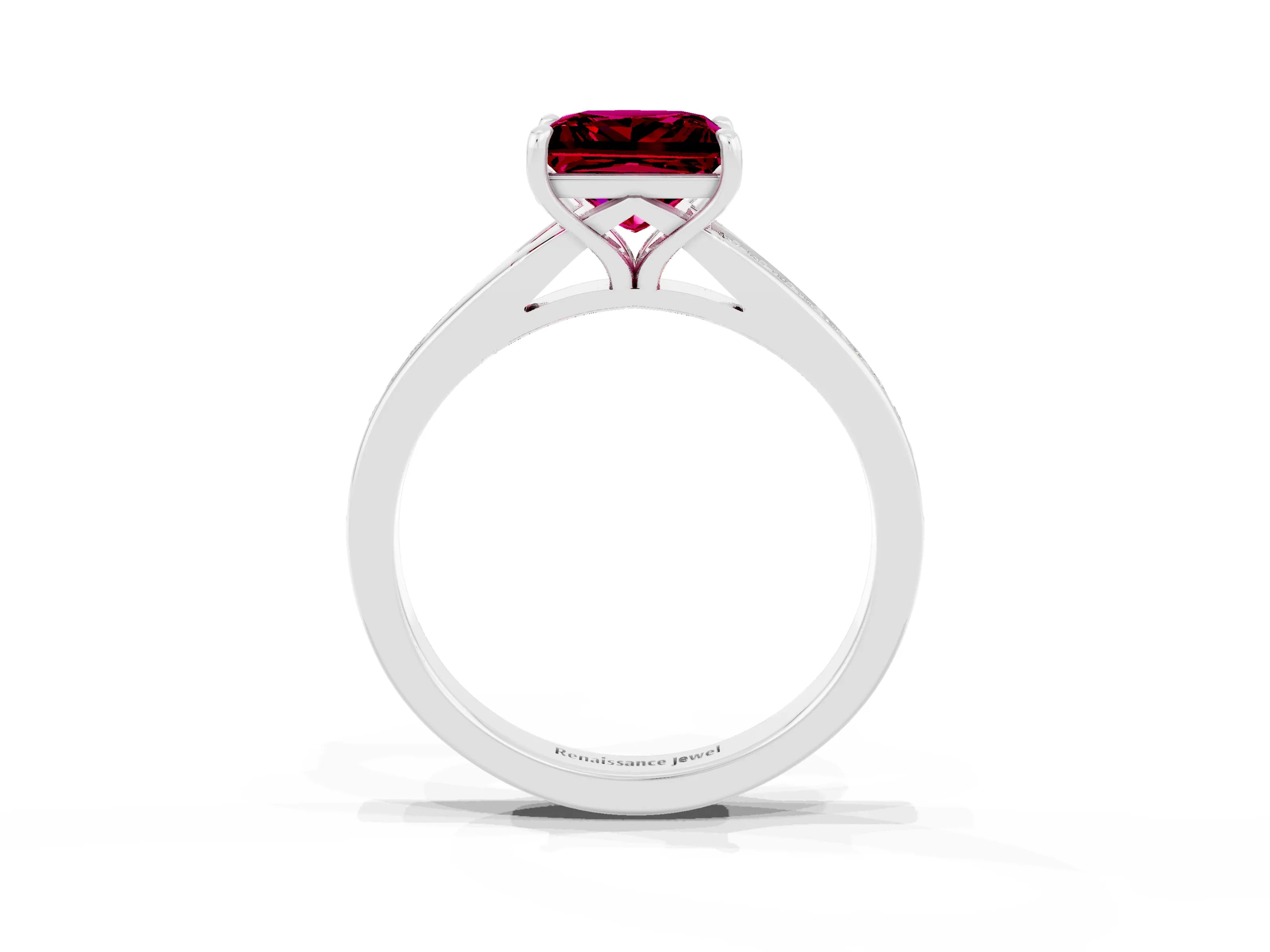 White gold Princess Cut Garnet Solitaire Ring with Pavé Band and Prong Setting_15