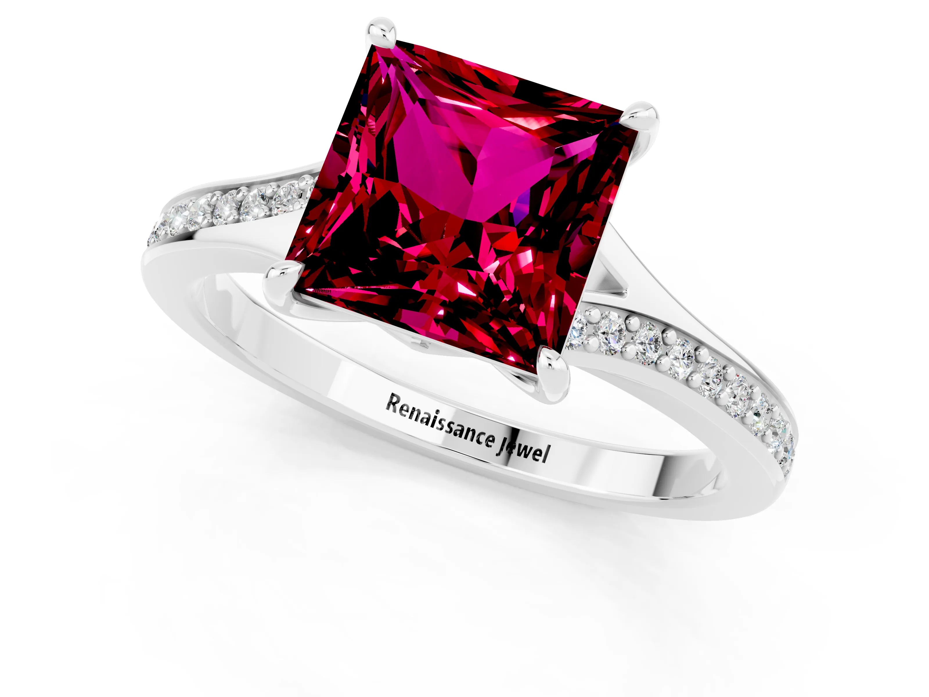 White gold Princess Cut Garnet Solitaire Ring with Pavé Band and Prong Setting_1