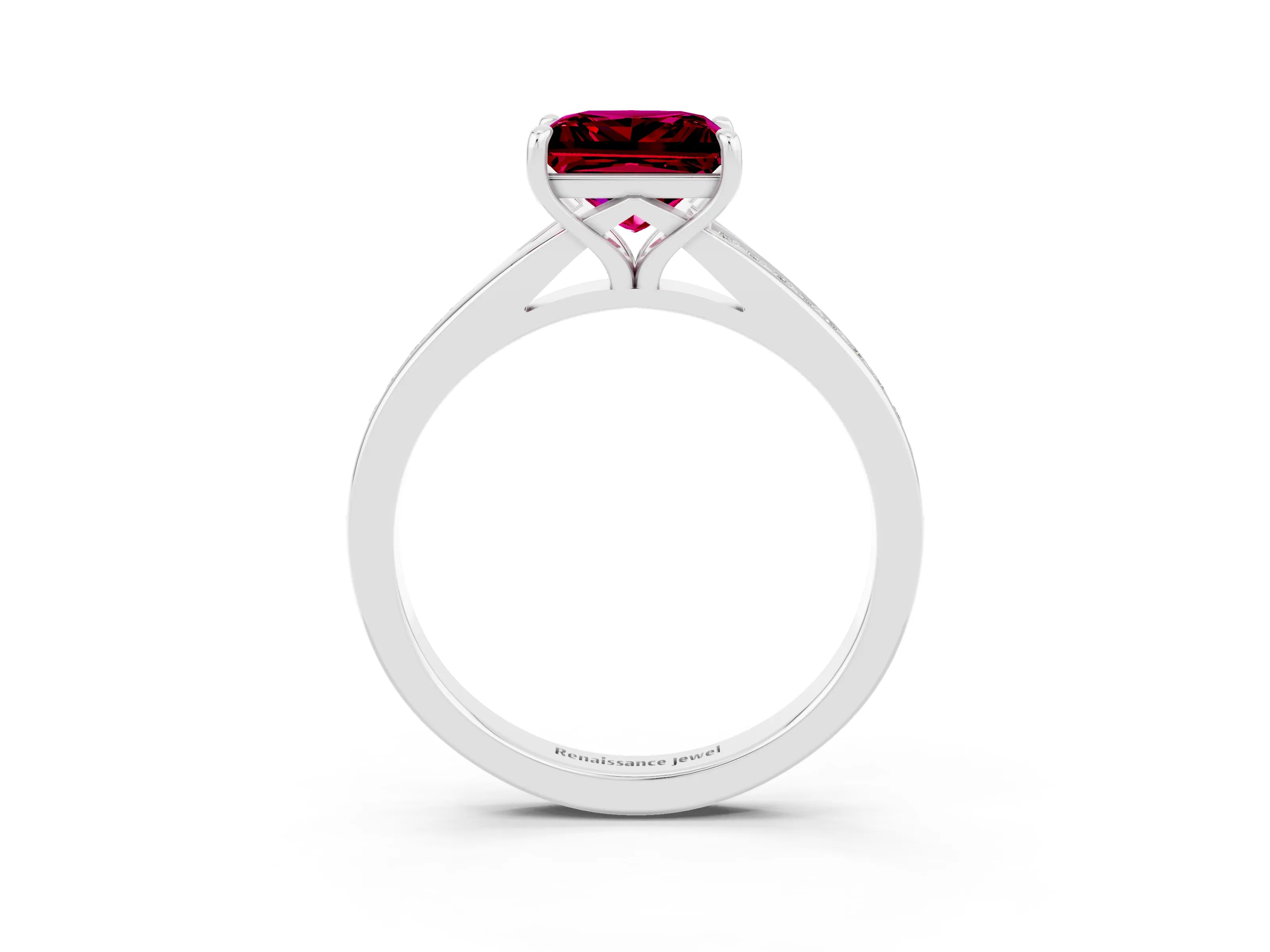 White gold Princess Cut Garnet Solitaire Ring with Pavé Band and Prong Setting_3