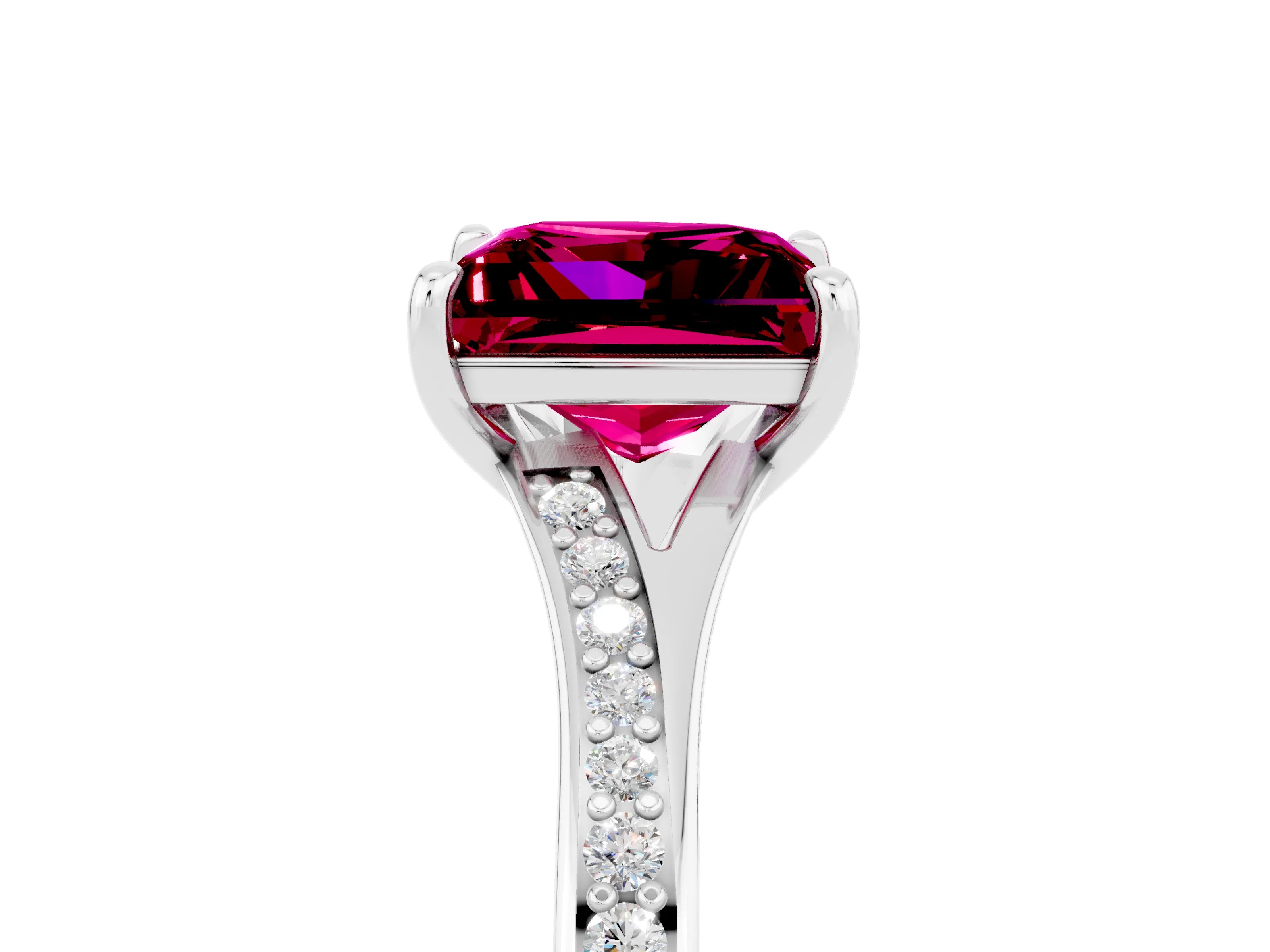 White gold Princess Cut Garnet Solitaire Ring with Pavé Band and Prong Setting_5