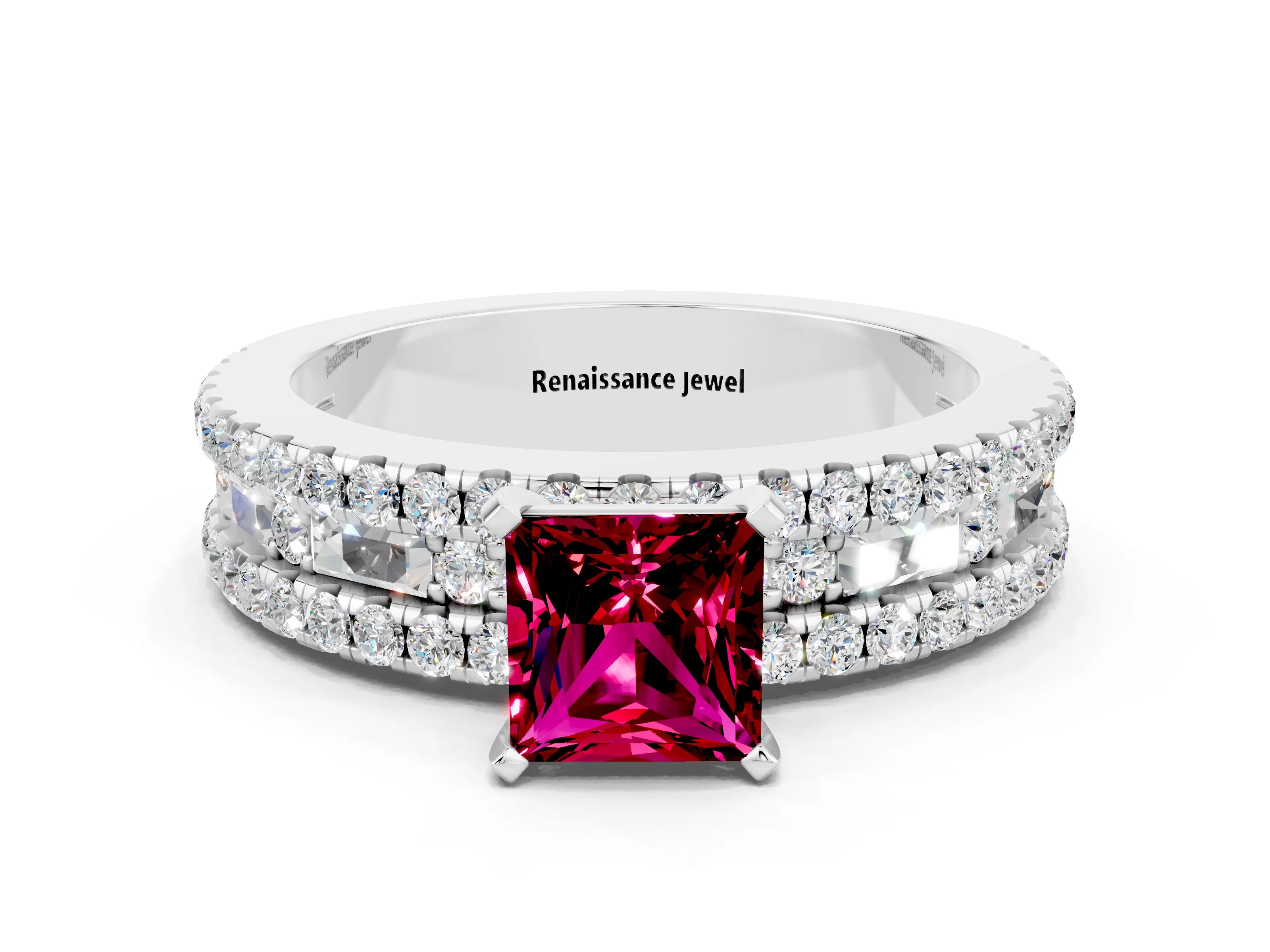 White gold Princess Cut Garnet Solitaire Ring with Pavé and Channel Set Band
