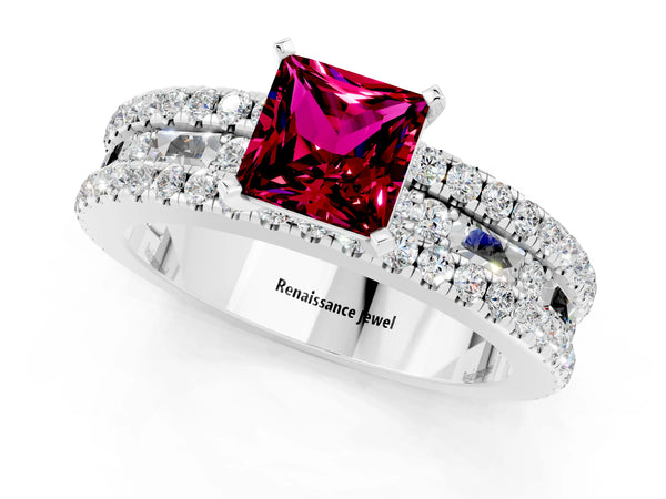 White gold Princess Cut Garnet Solitaire Ring with Pavé and Channel Set Band