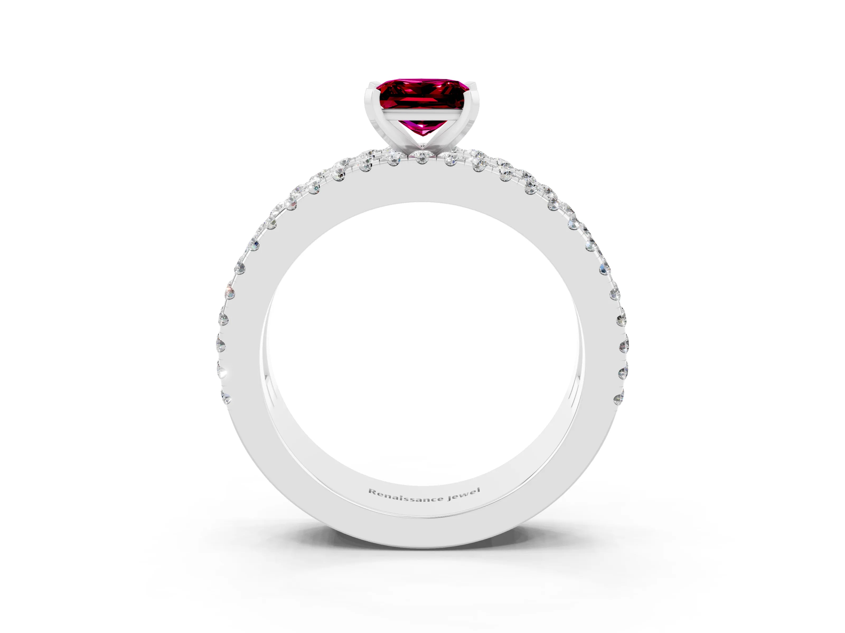 White gold Princess Cut Garnet Solitaire Ring with Pavé and Channel Set Band_3