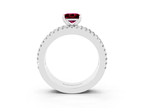 Platinum Princess Cut Garnet Solitaire Ring with Pavé and Channel Set Band