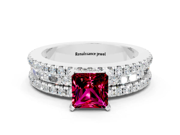 White gold Princess Cut Garnet Solitaire Ring with Pavé and Channel Set Band