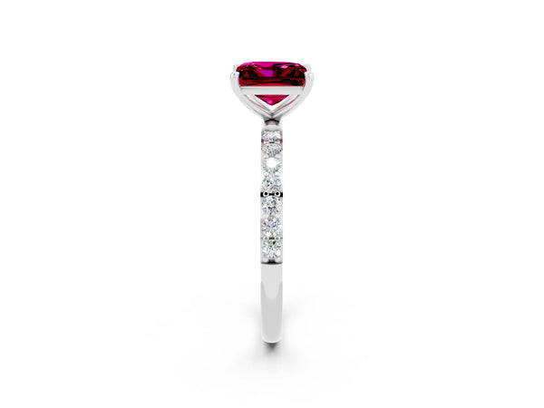 White gold Princess Cut Garnet Solitaire Ring with Round  Pavé Band and Prong Setting