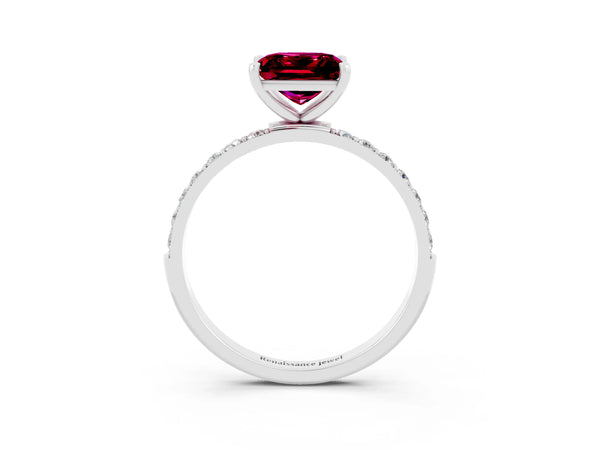 Silver Princess Cut Garnet Solitaire Ring with Round  Pavé Band and Prong Setting