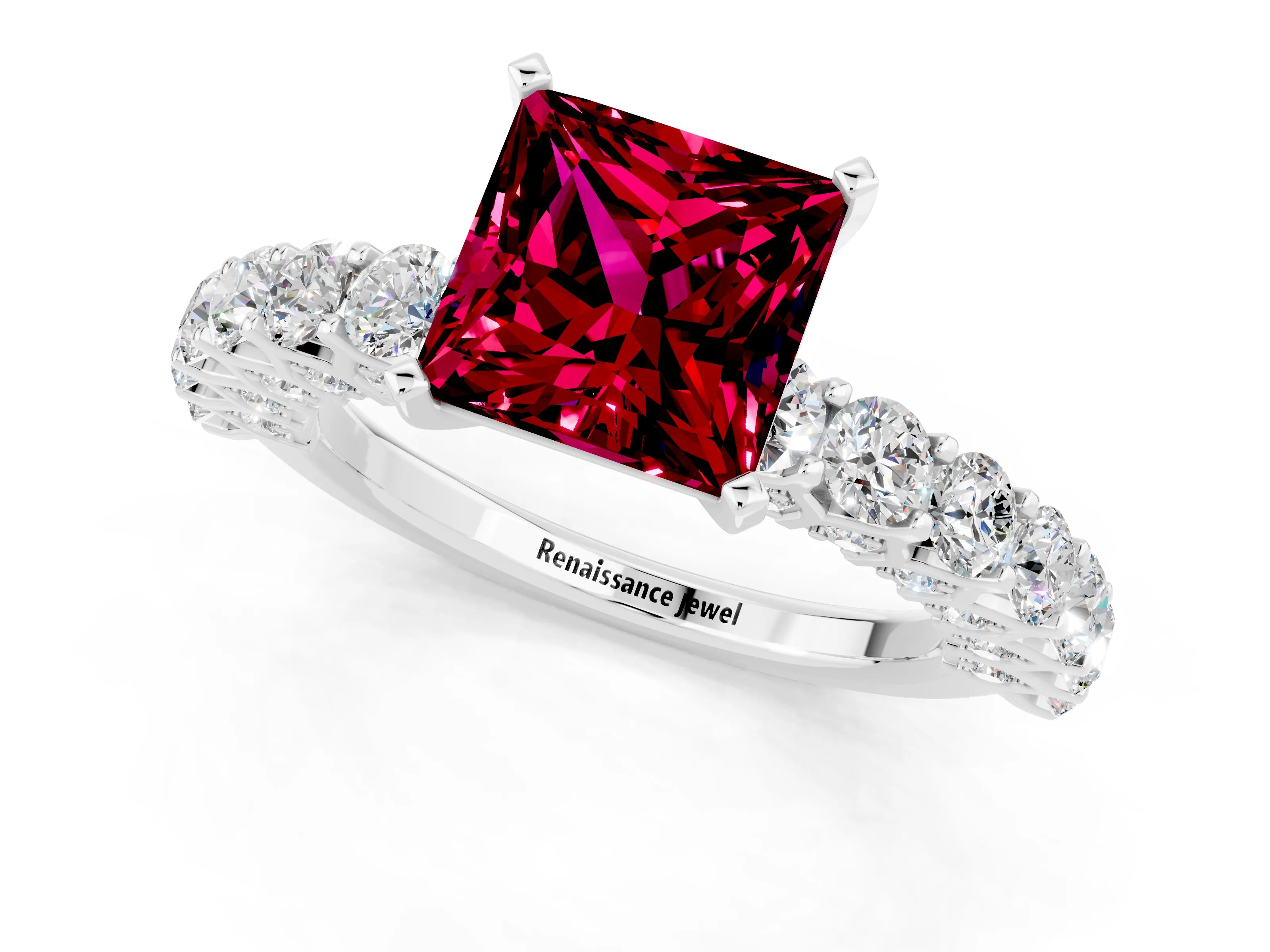 White gold Princess Cut Garnet Solitaire Ring with Shared Prong Pavé Band and Four-Prong Setting_1