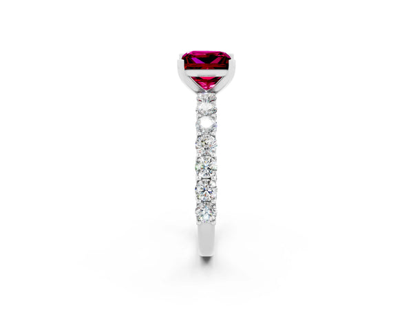 Silver Princess Cut Garnet Solitaire Ring with Shared Prong Pavé Band and Four-Prong Setting