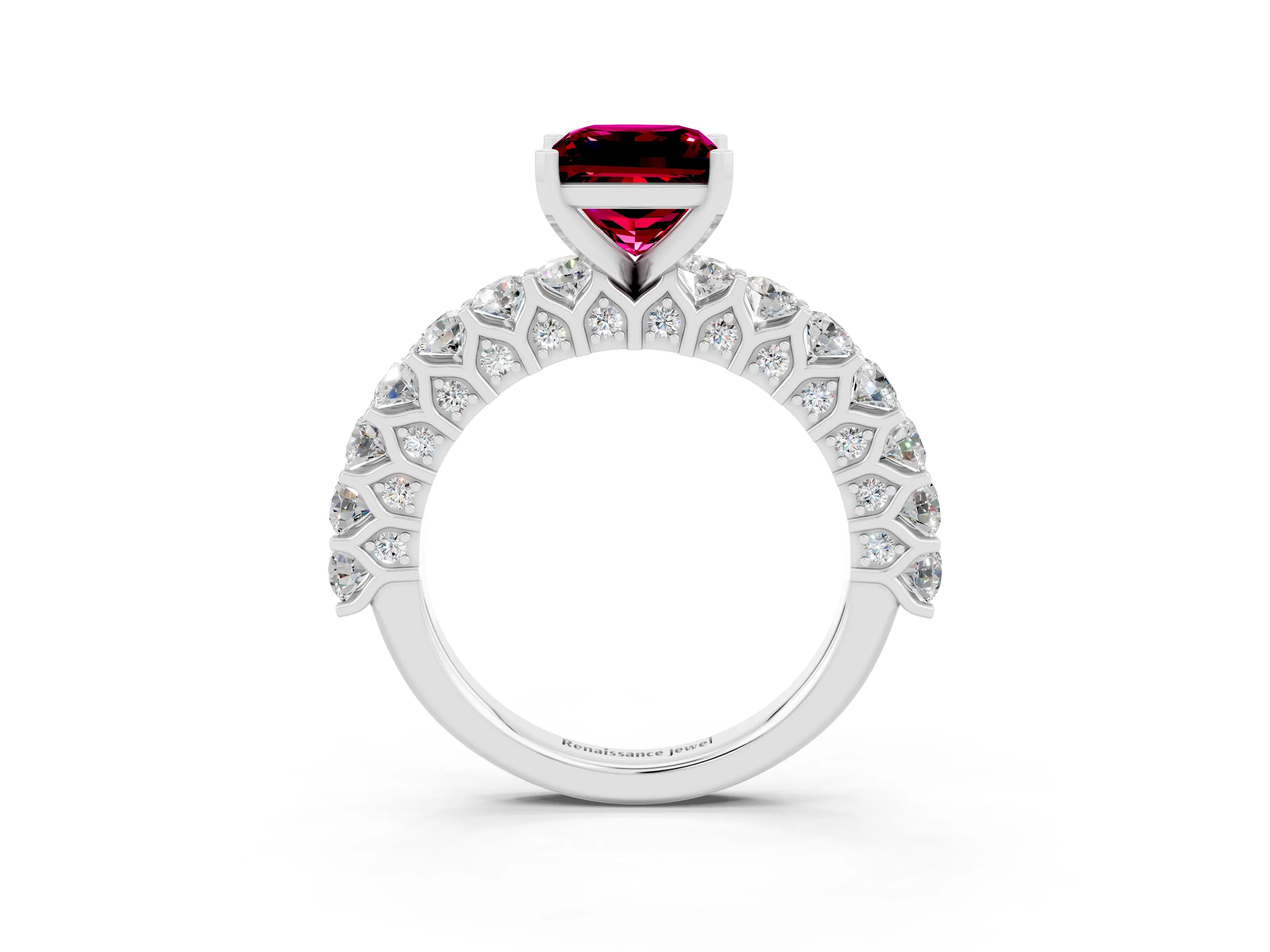White gold Princess Cut Garnet Solitaire Ring with Shared Prong Pavé Band and Four-Prong Setting_3