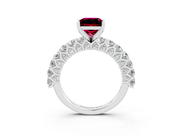 White gold Princess Cut Garnet Solitaire Ring with Shared Prong Pavé Band and Four-Prong Setting