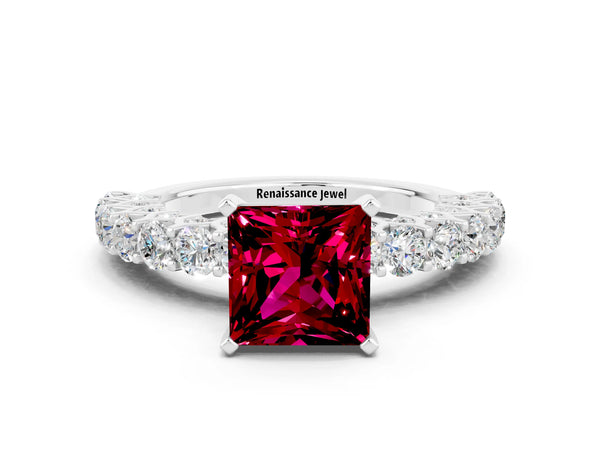 Silver Princess Cut Garnet Solitaire Ring with Shared Prong Pavé Band and Four-Prong Setting