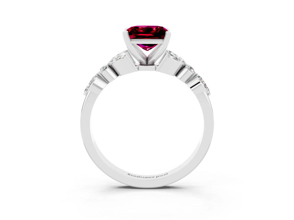 Platinum Princess Cut Garnet Solitaire Ring with Side Stones and Four-Prong Setting