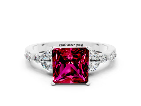 White gold Princess Cut Garnet Solitaire Ring with Side Stones and Four-Prong Setting_24