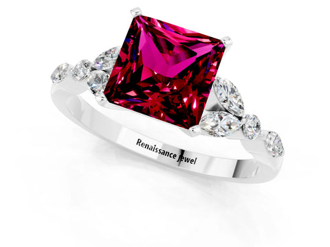 White gold Princess Cut Garnet Solitaire Ring with Side Stones and Four-Prong Setting_25