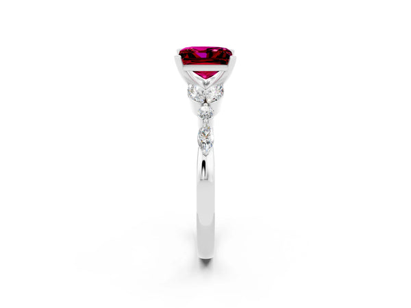 White gold Princess Cut Garnet Solitaire Ring with Side Stones and Four-Prong Setting