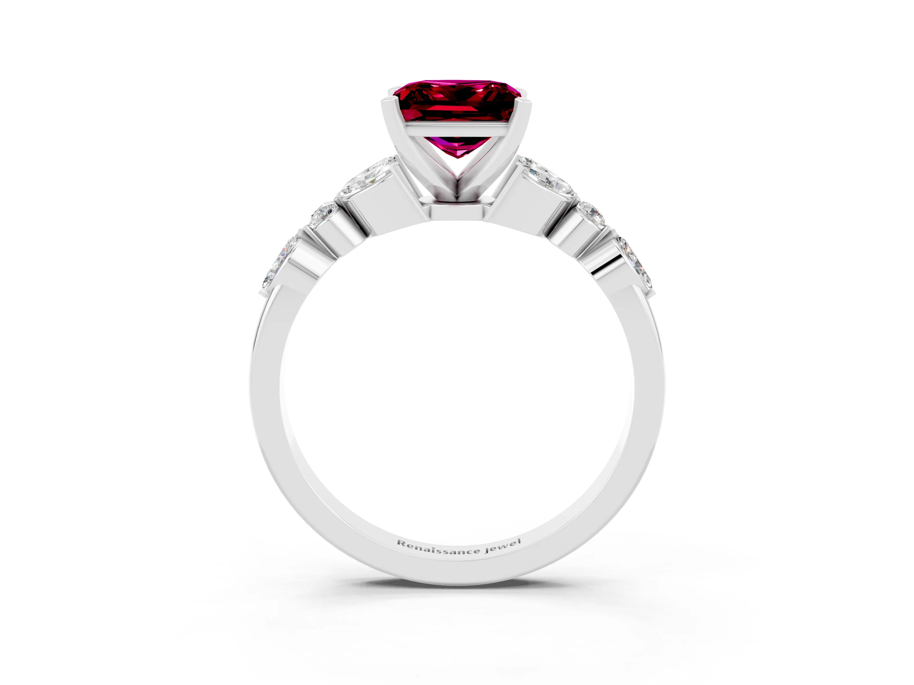 White gold Princess Cut Garnet Solitaire Ring with Side Stones and Four-Prong Setting_27