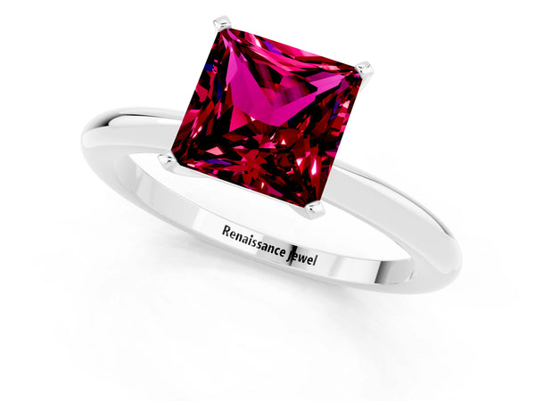 White gold Princess Cut Garnet Solitaire Ring with Six-Prong Setting and Classic Band