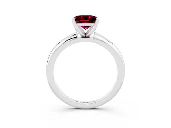 White gold Princess Cut Garnet Solitaire Ring with Six-Prong Setting and Classic Band