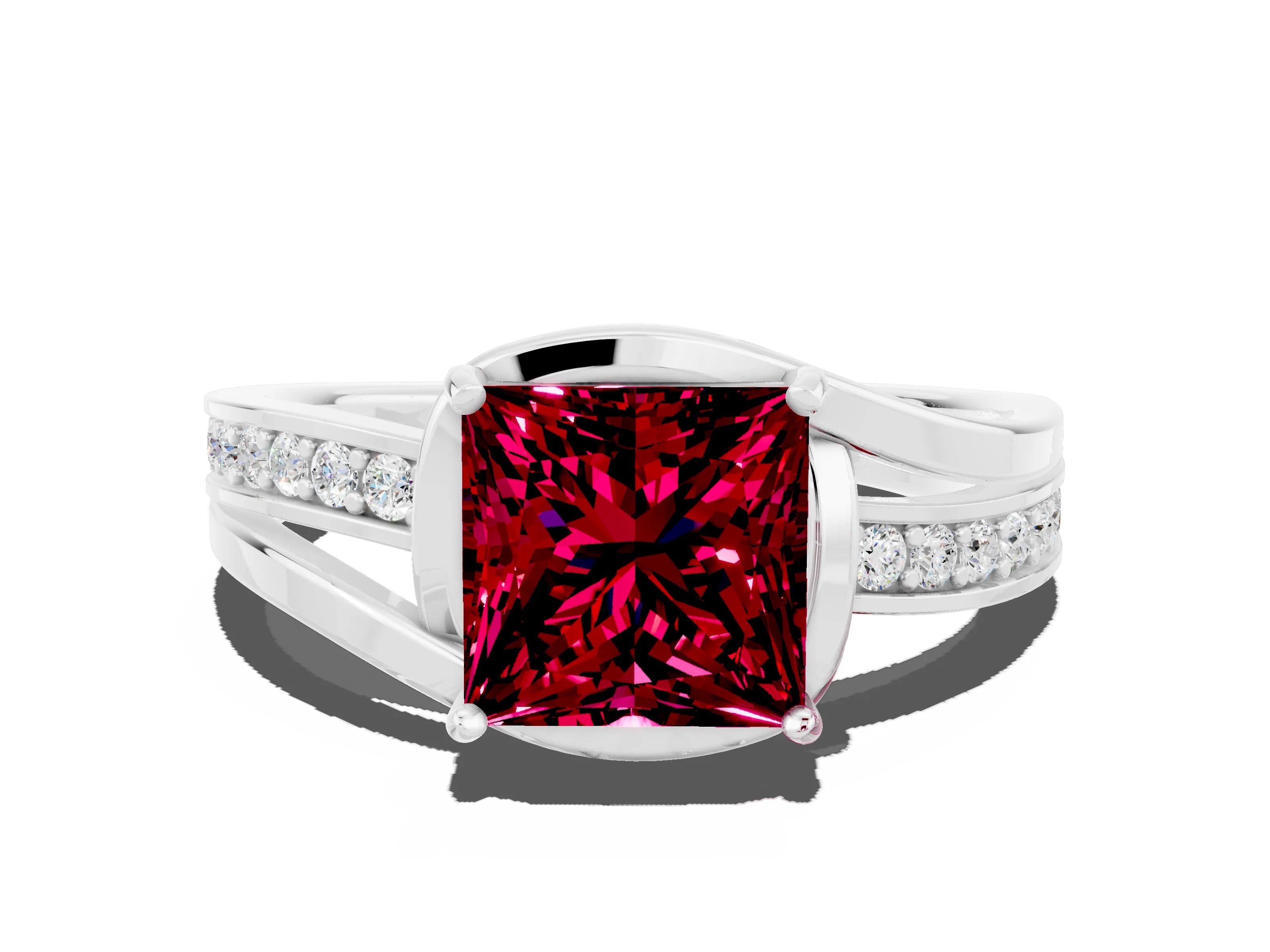 White gold Princess Cut Garnet Solitaire Ring with Split Shank and Prong Setting