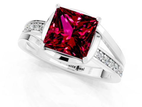 White gold Princess Cut Garnet Solitaire Ring with Split Shank and Prong Setting_1