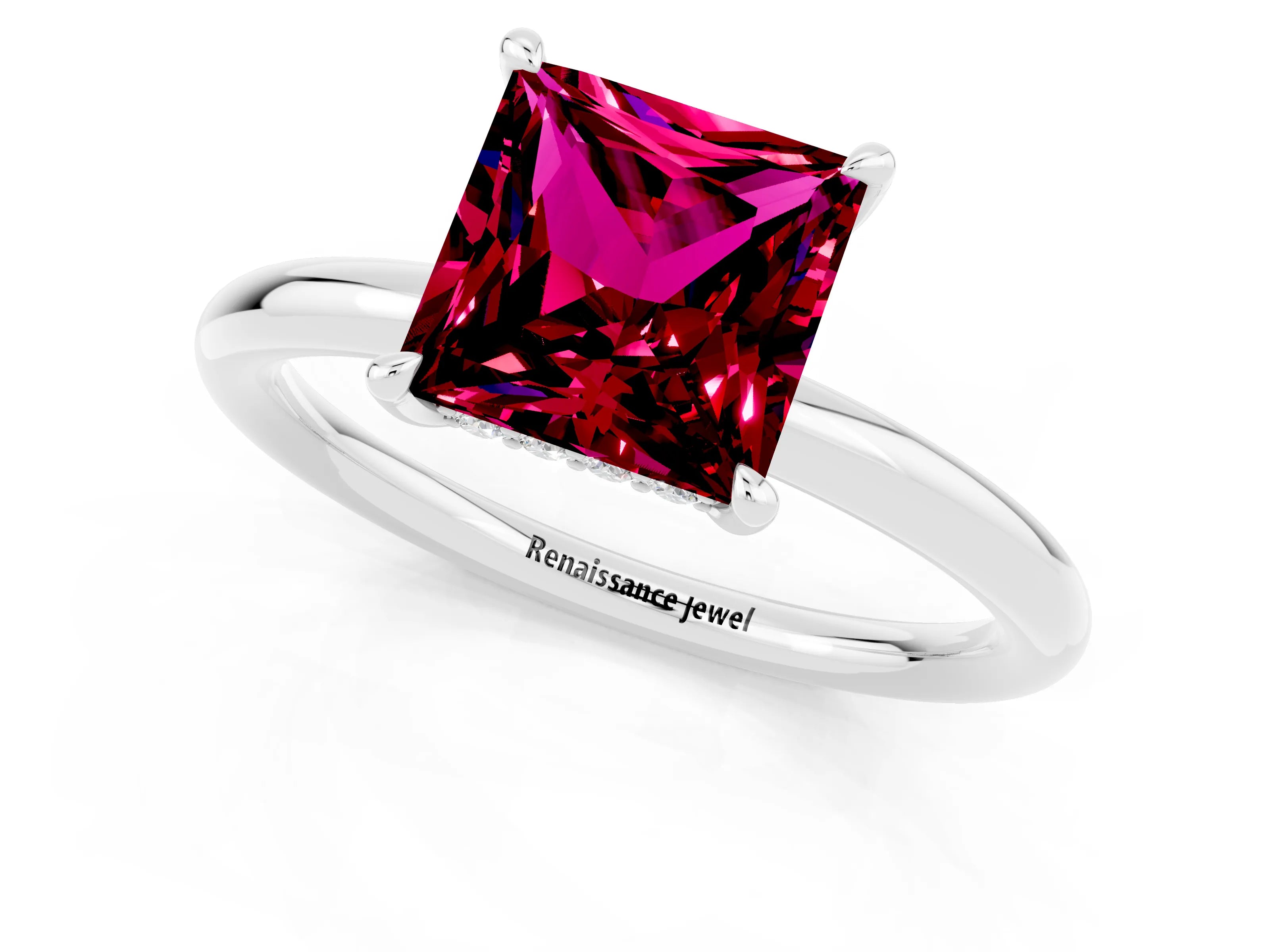 White gold Princess Cut Garnet Solitaire Ring with Thin Band and Four-Prong Setting_1