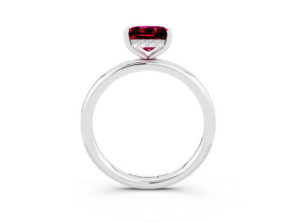 Platinum Princess Cut Garnet Solitaire Ring with Thin Band and Four-Prong Setting