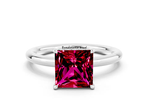 White gold Princess Cut Garnet Solitaire Ring with Thin Band and Four-Prong Setting