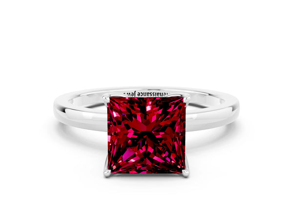 Platinum Princess Cut Garnet Solitaire Ring with Thin Band and Prong Setting