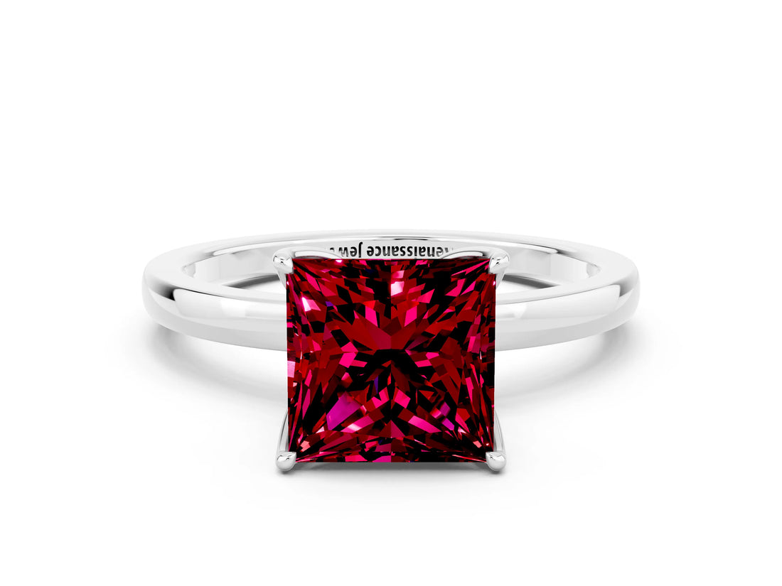 White gold Princess Cut Garnet Solitaire Ring with Thin Band and Prong Setting_12