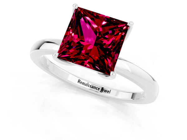 White gold Princess Cut Garnet Solitaire Ring with Thin Band and Prong Setting