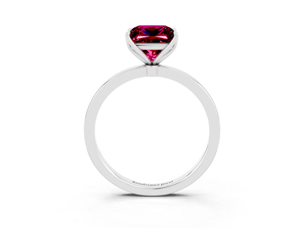 Platinum Princess Cut Garnet Solitaire Ring with Thin Band and Prong Setting