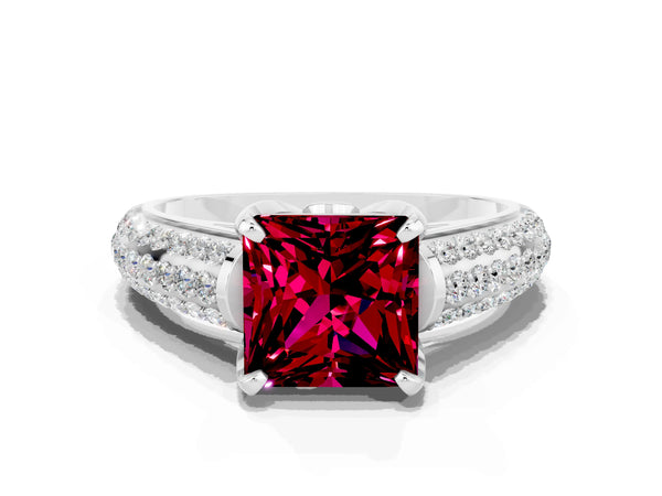 Platinum Princess Cut Garnet Solitaire Ring with Three-Row Pavé Band and Four-Prong Setting